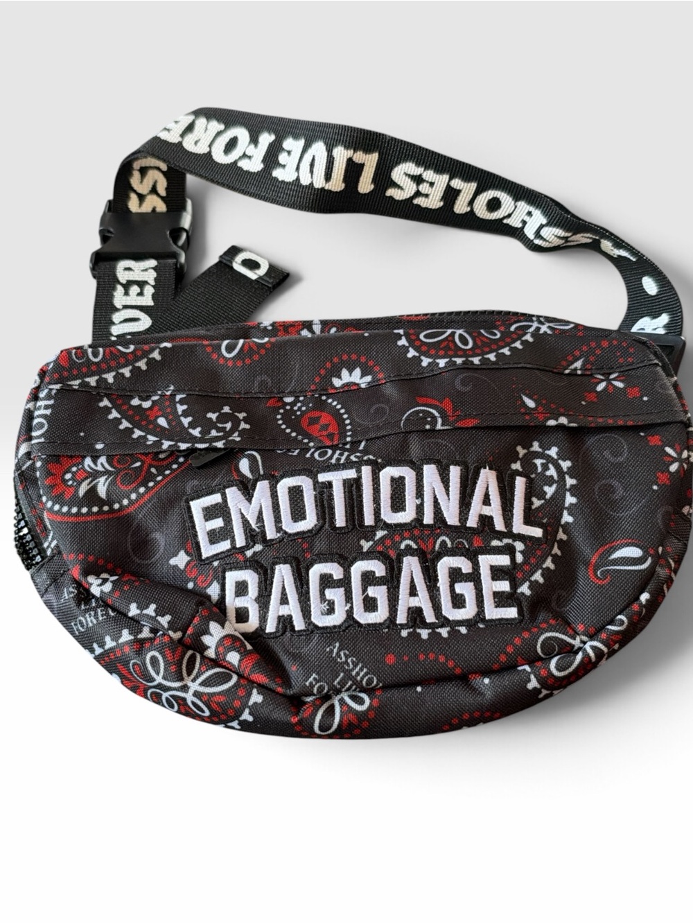 New A$$holes Live Forever Emotional Baggage Black & Red Paisley Waist Bag.